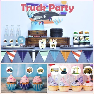Construction vehicle party cupcake toppers and decorative stickers set for kids birthday