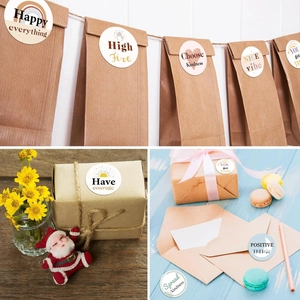 Close-up of decorative reward stickers on gift boxes and paper bags for kids