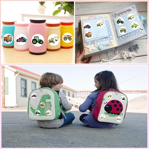Construction vehicle stickers for kids, featuring excavators and tractors on water bottles