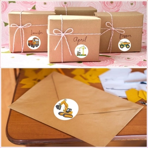 Round cartoon construction vehicle stickers used for gift box and envelope sealing