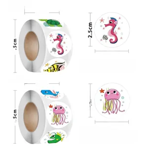 Detail view of 2.5cm ocean animal stickers on rolls showing sea turtles and whales