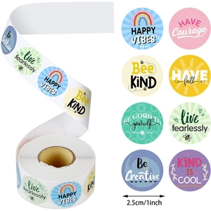 Colorful 1-inch reward stickers roll with rainbow motifs and motivational quotes