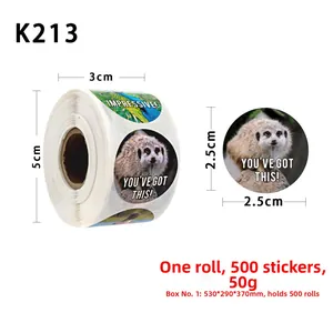 Detail showing 2.5cm animal reward sticker roll size dimensions and motivational designs