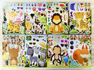 Set of 8 DIY cartoon animal dress-up stickers including giraffe, lion, and cow designs