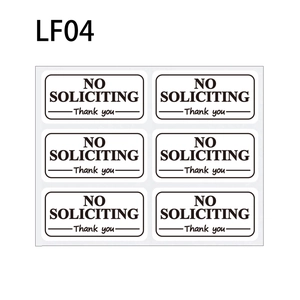Sheet of 6 black and white No Soliciting warning stickers with Thank You message