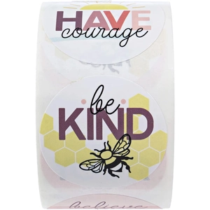 Roll of colorful cartoon motivational stickers with bee and kindness themes for gift packing