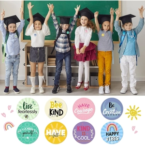 Roll of motivational reward stickers for kids featuring 8 cute round designs and slogans