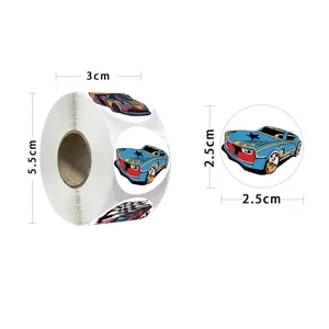 500-count cartoon race car sticker roll for kids toys with 2.5cm round labels