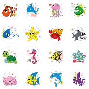 Set of 16 colorful cartoon ocean animal stickers with fish and whales for decoration