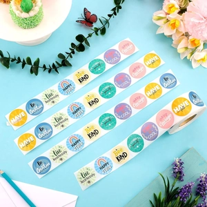 Colorful motivational reward stickers roll with phrases like Bee Kind and Happy Vibes