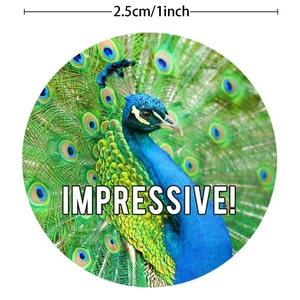 Round 1 inch peacock pattern stickers with Impressive text and emerald green feathers