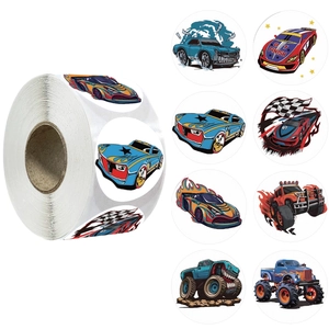 Cartoon Racing Car Stickers Roll For Kids Round Adhesive Monster Truck Seal Labels For Scrapbooking DIY Decoration