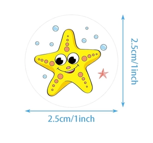 Detailed view showing a 2.5cm diameter for the cartoon starfish sticker label