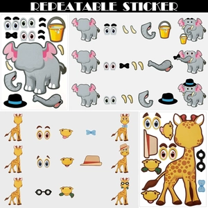 8-sheet cartoon animal dress-up sticker set featuring DIY elephant and giraffe designs