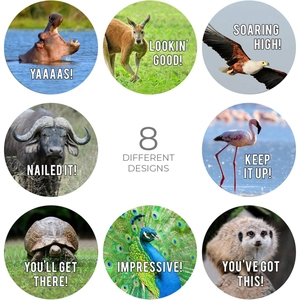 Set of 8 round wild animal reward stickers with motivational English phrases for kids