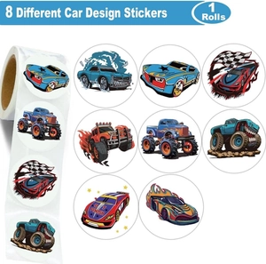 Detail of 8 different car design stickers for kids featuring racing and off-road patterns