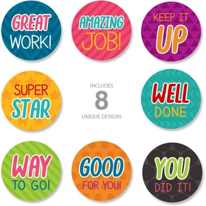 Roll of 500 colorful motivational reward stickers for kids featuring 8 varied designs