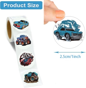 Close-up of 1 inch round cartoon racing car stickers with 2.5cm size markings