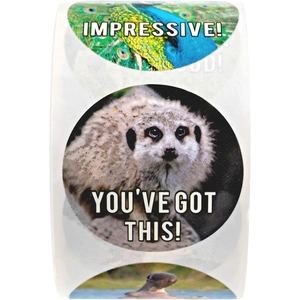 Roll of animal reward stickers featuring realistic peacock and meerkat with motivational text