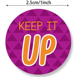 Purple round reward sticker with Keep It Up text and 1 inch size dimension line