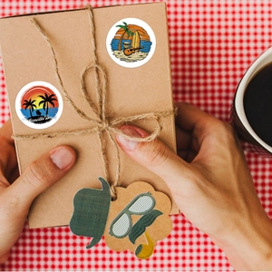 Tropical beach summer stickers on kraft gift box with Jacksonville Beach palm tree motifs