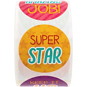Close-up of circular reward stickers roll with Super Star and Amazing Job text