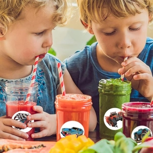 Waterproof racing car stickers applied on glass juice bottles for child party decor