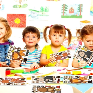 Kids engaging in a DIY activity with animal character stickers for creative fun
