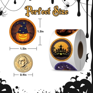 Detailed 1.5 inch Halloween stickers on a roll with pumpkins and ghosts patterns