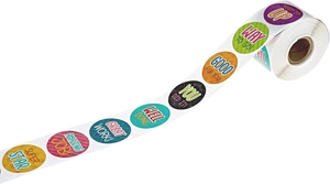 Roll of 500 motivational stickers for kids showing various colorful reward patterns