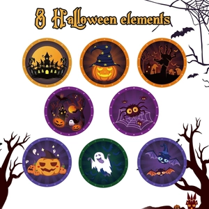 Roll of 500 Halloween stickers featuring pumpkins, ghosts, and bats for decoration