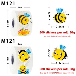 Detail of bee cartoon sticker roll showing 2.5x2.5cm labels for gift decoration