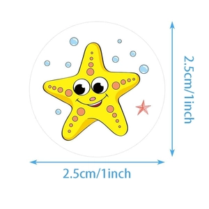 Round marine cartoon sticker with smiling yellow starfish and blue bubbles, 1 inch size