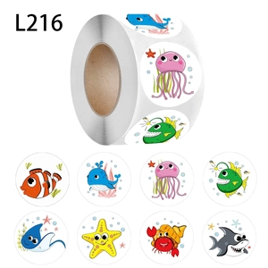 Roll of cartoon marine animal stickers featuring colorful fish, whales, and starfish motifs