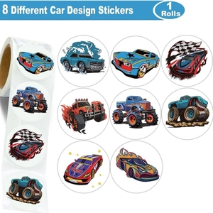 500pcs roll of colorful cartoon car stickers with 8 different racing designs for kids decoration