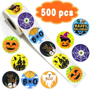 Detail view of round Halloween stickers roll with pumpkin, ghost, and owl designs, 500 pcs