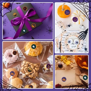 Detail view of round Halloween stickers applied to gift boxes and bags for decoration