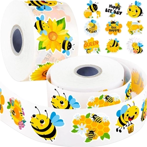 Cartoon Bee Pattern Stickers Roll Yellow Bee Sunflower Self Adhesive Reward Labels For Kids Gift Box Decoration Waterproof Decals
