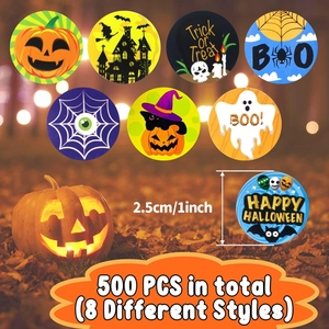 Roll of 500 Halloween stickers featuring pumpkins, ghosts, and cats for gift decoration