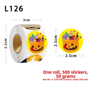 Detail of 500pcs Halloween candy pumpkin stickers with roll and single label dimensions