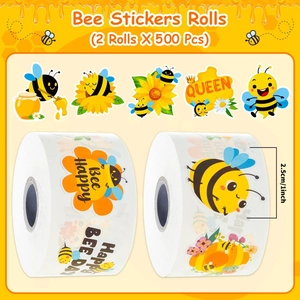 Roll of 1000 cartoon bee stickers with Bee Happy text for gift decoration 1 inch size