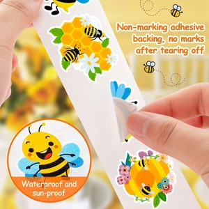 Cartoon bee stickers on roll, waterproof and sun-proof decorative labels for gift boxes