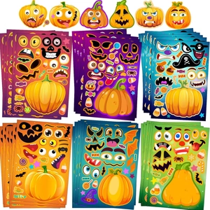6-pack Halloween pumpkin DIY stickers for kids featuring spooky faces and witch hats decor