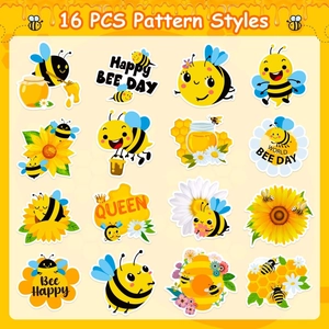 Set of 16 cartoon bee stickers featuring honey pots and sunflowers with cute patterns