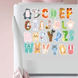 Cute animal alphabet stickers A-Z for kids education on a white refrigerator surface