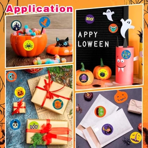 Halloween stickers showing gift box decor, envelope seals, and party candy bowl applications