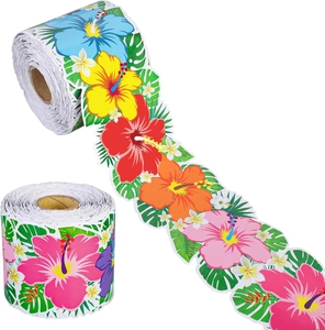 Detailansicht der Bordürenrolle mit bunten tropischen Hibiskusblüten und Palmblättern
