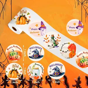 Rouleau de 500 autocollants d'Halloween ronds de 2,5 cm avec fantômes et citrouilles