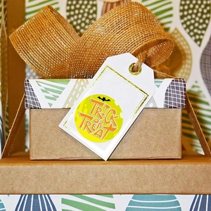 Detail showing 'Trick or Treat' Halloween sticker and gold ribbon on gift packaging