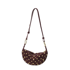 Bordeaux suede crescent bag with gold metal studs and adjustable shoulder strap